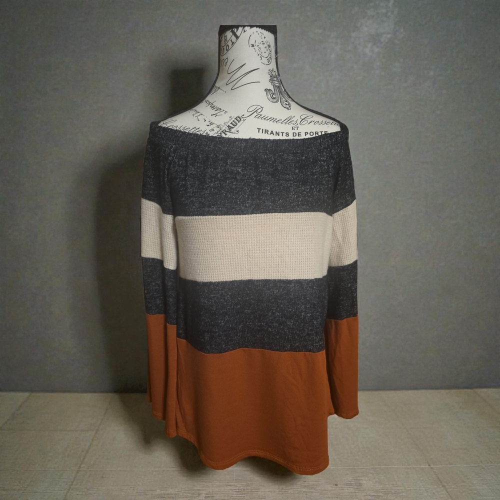 Elegant Off-Shoulder Striped Sweater - Black, Cream, and Brown‎